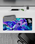 Electric blue and purple anime girl mouse pad 28x12 inches, glitter stars and planets, chill vibe.