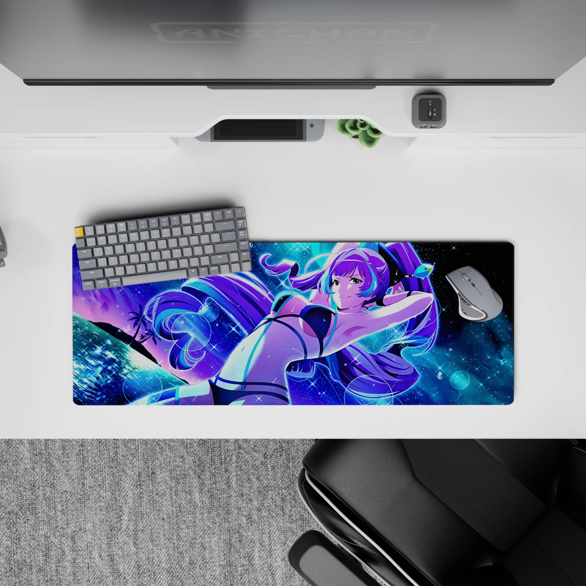 32x12 inches neon purple-blue anime desk mat, cosmic sparkle vibe with teal accents and calming glow.