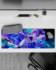 32x12 inches neon purple-blue anime desk mat, cosmic sparkle vibe with teal accents and calming glow.
