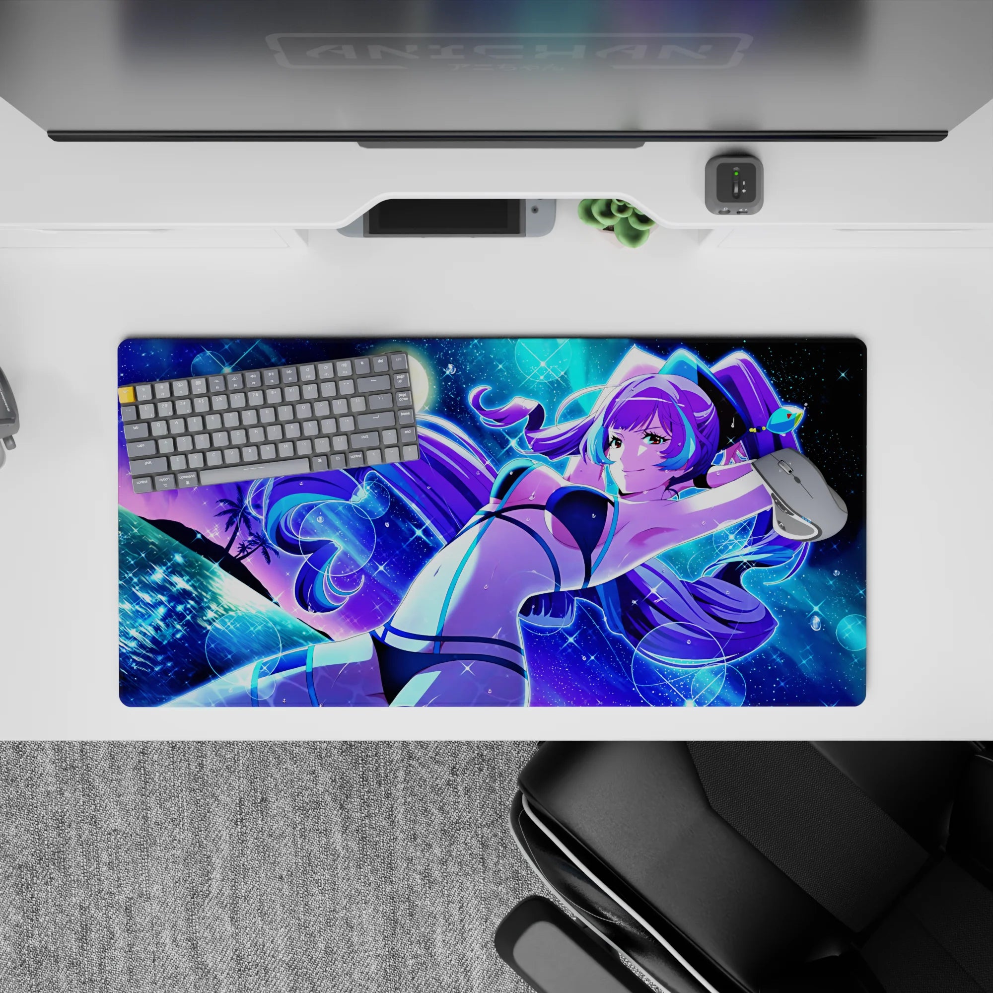 32x16 inches neon purple-blue anime mouse pad, cosmic sparkle vibe with teal accents and calming night glow.