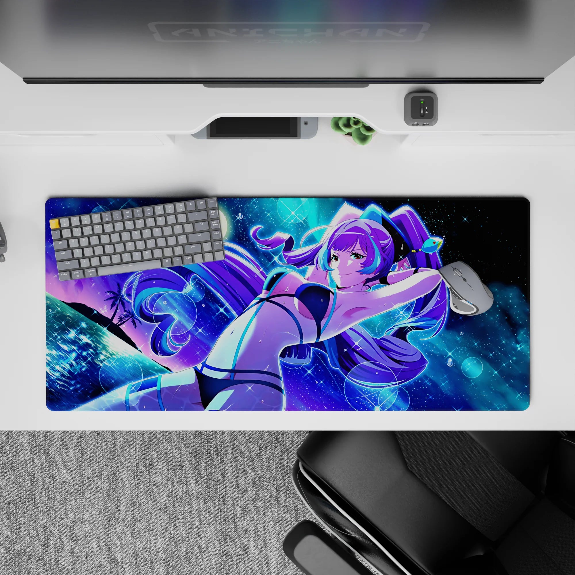 36x16 inches desk pad in electric blues and cosmic purple, flirty neon night vibe with glitter rings.