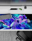 36x16 inches desk pad in electric blues and cosmic purple, flirty neon night vibe with glitter rings.