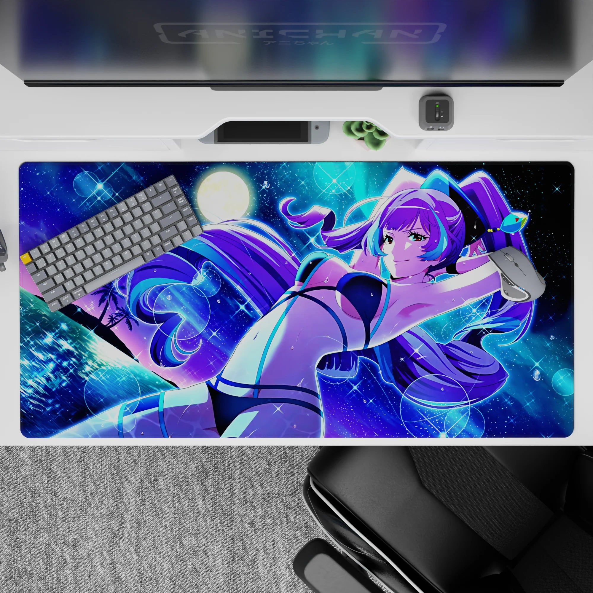 Purple neon vibe anime desk pad 40x20 inches in electric blues, teal accents, and calming sparkle.