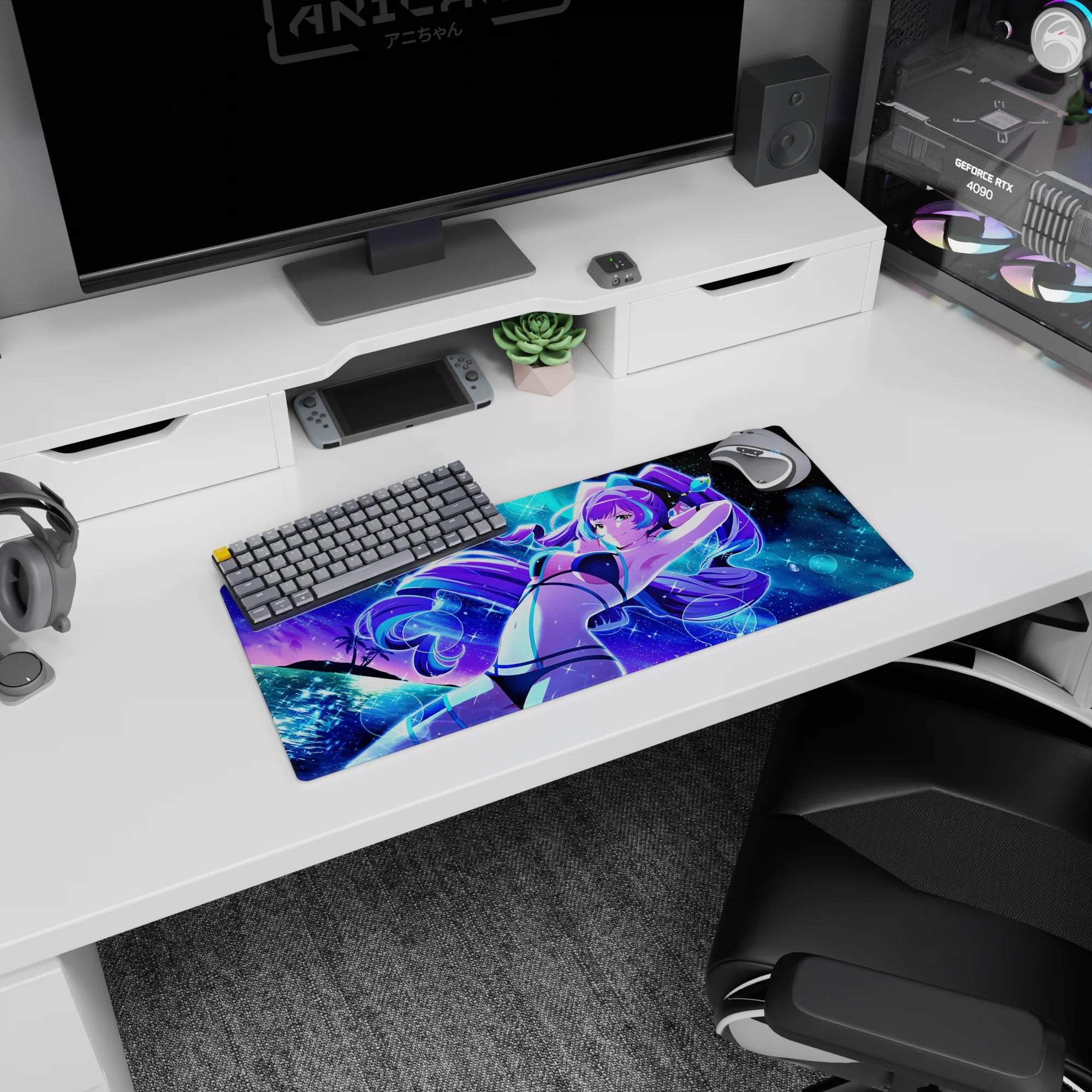 Purple-haired anime girl lounging with arms up on mouse pad 28x12 inches, teal bikini, cosmic sea.