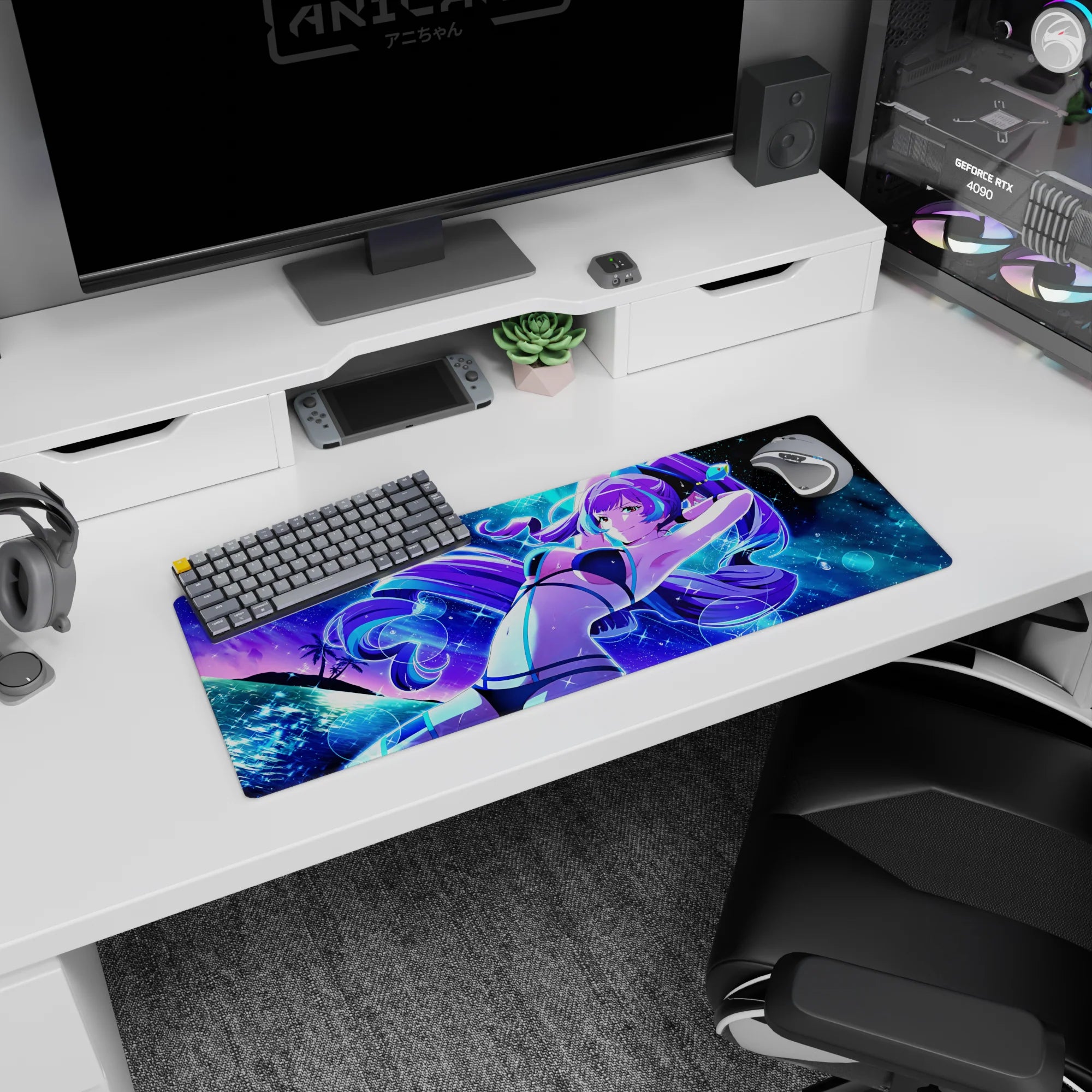 32x12 inches anime mouse pad showing purple-haired girl lounging, arms up, smiling under a glowing moon.