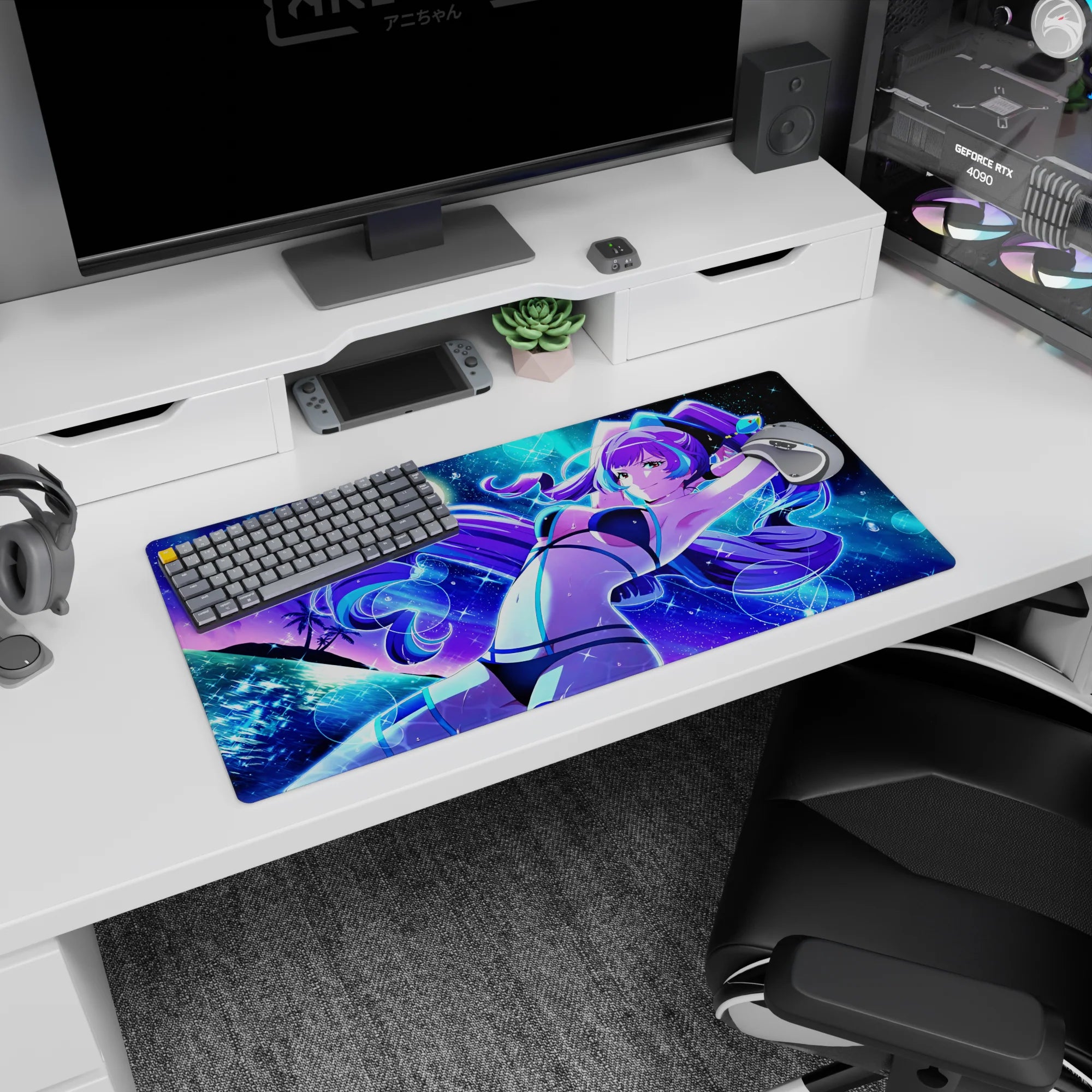 32x16 inches mouse pad featuring a playful purple-haired anime girl lounging back under a glowing moon above waves.