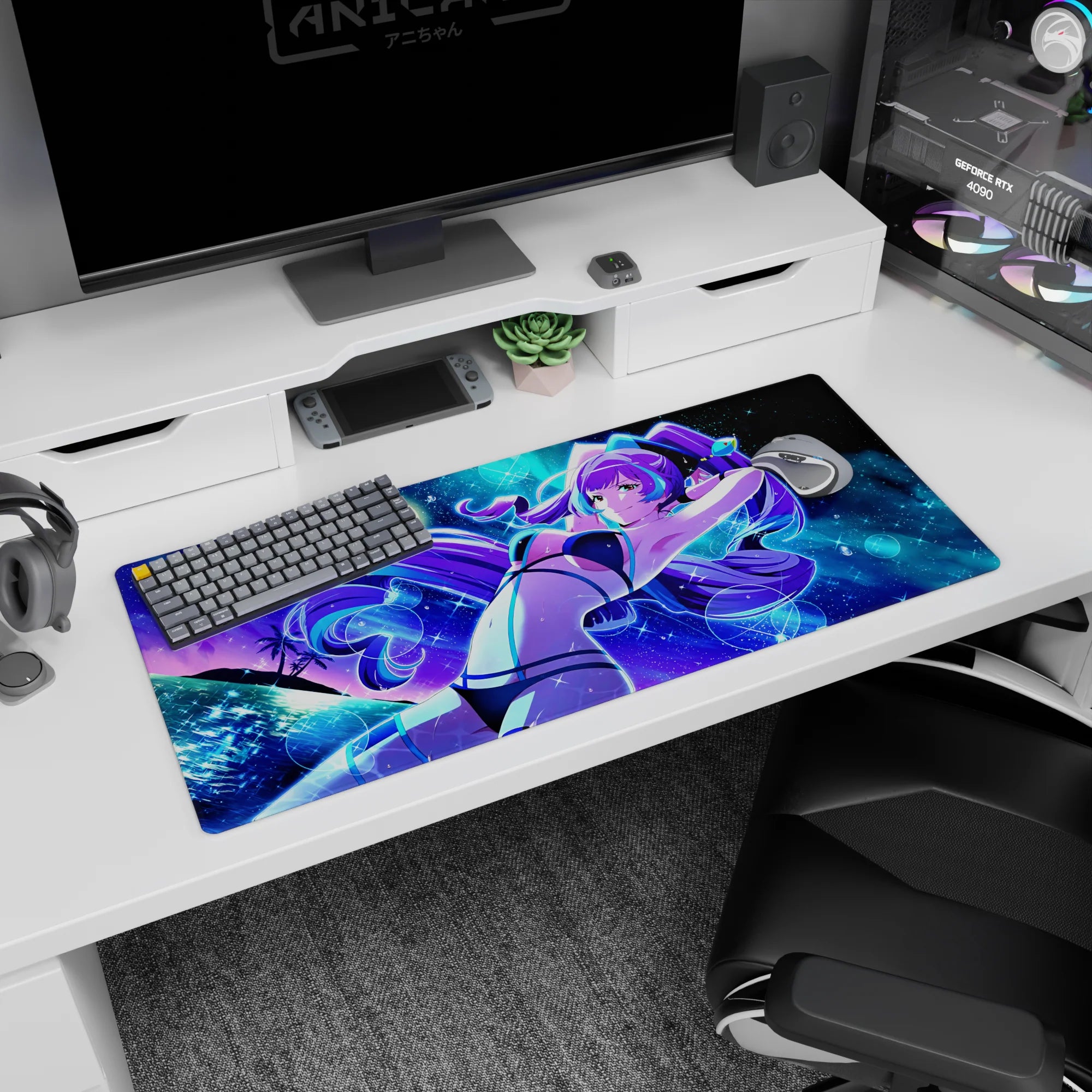 36x16 inches anime desk pad showing a purple-haired girl in black-teal bikini lounging under a moon.