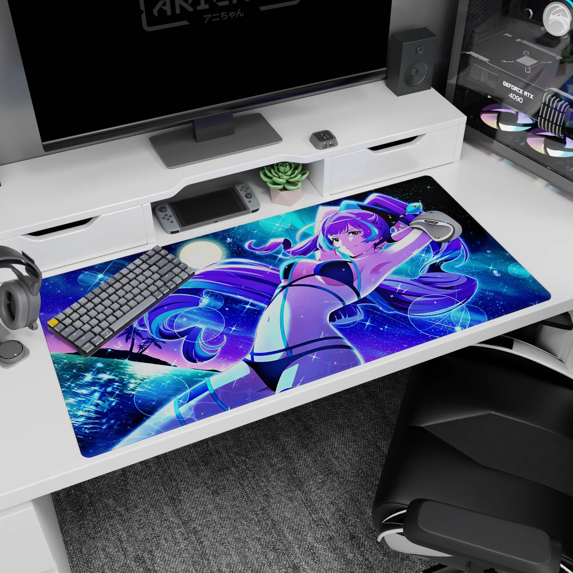 Anime girl desk pad 40x20 inches showing purple-haired bikini girl lounging under a glowing moon.