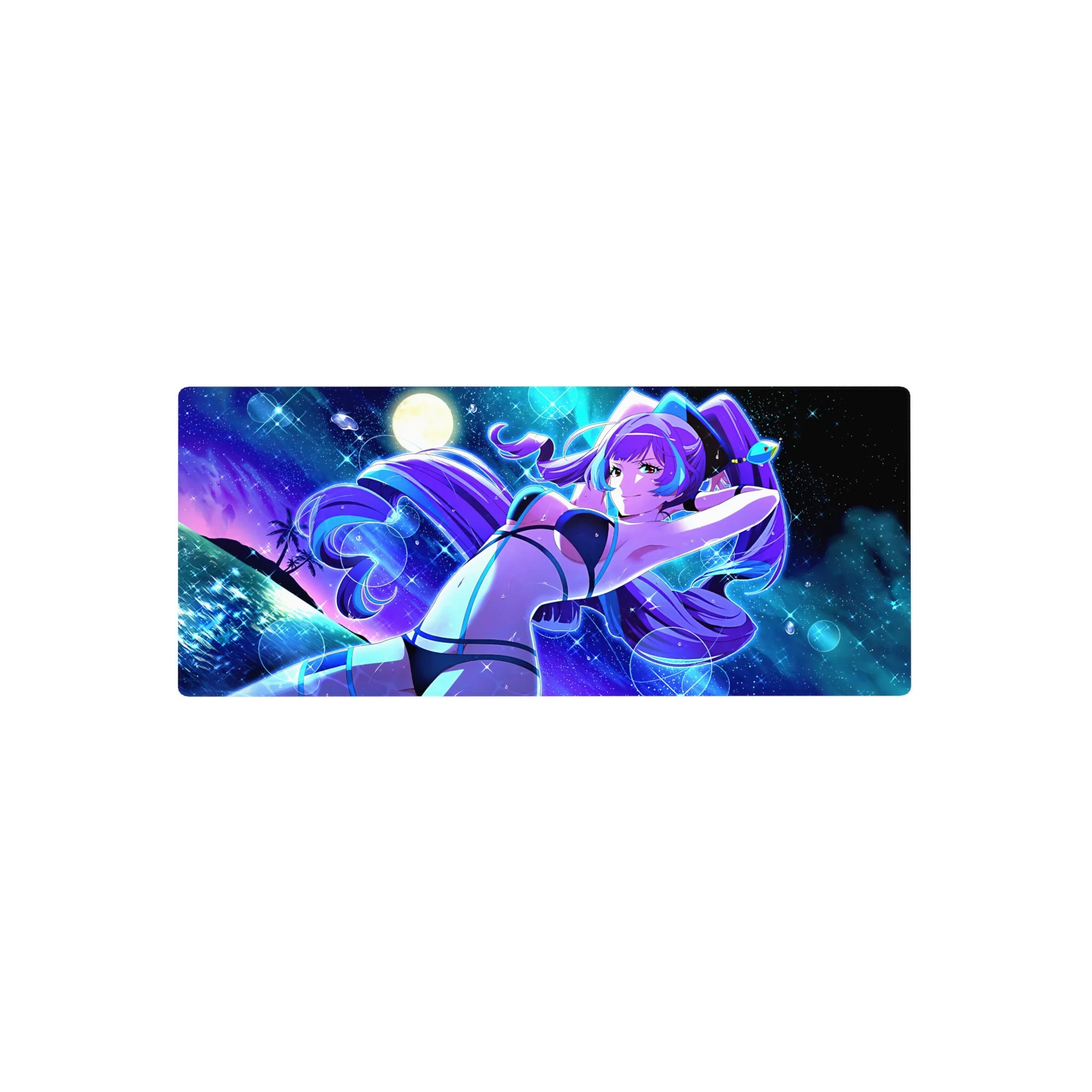 Neon cosmic anime girl mouse pad 28x12 inches with purple-haired bikini pin-up, moonlit ocean.