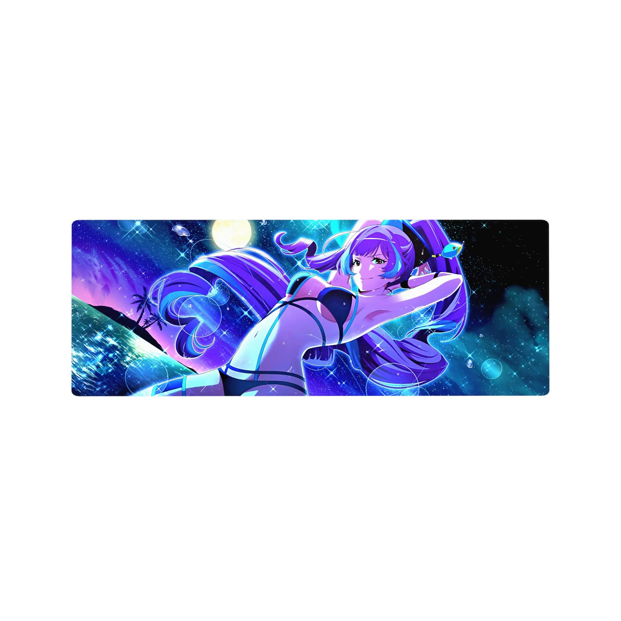 32x12 inches anime girl mouse pad with purple-haired bikini girl, neon ocean, moon, and planets design.