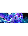 32x12 inches anime girl mouse pad with purple-haired bikini girl, neon ocean, moon, and planets design.
