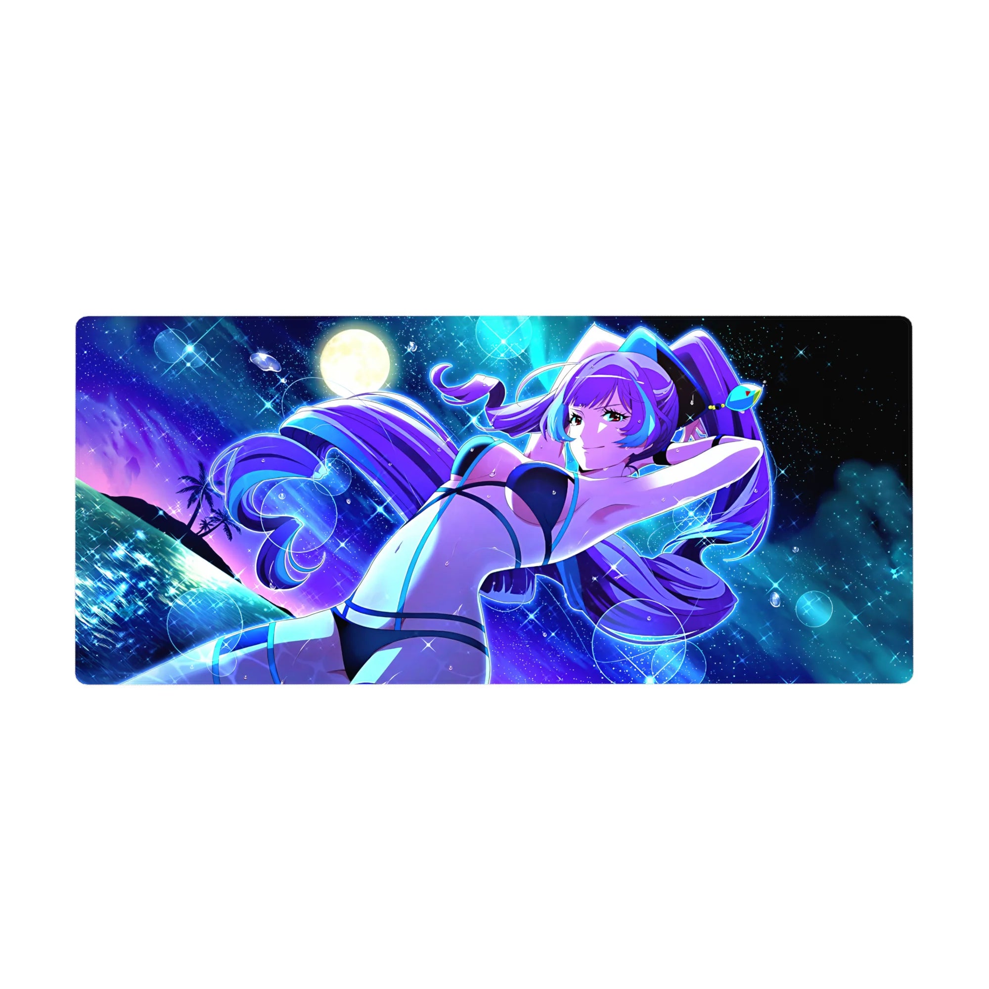 36x16 inches anime girl desk pad with neon ocean, moon glow, planets, and starry sparkle accents.