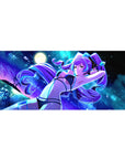 36x16 inches anime girl desk pad with neon ocean, moon glow, planets, and starry sparkle accents.