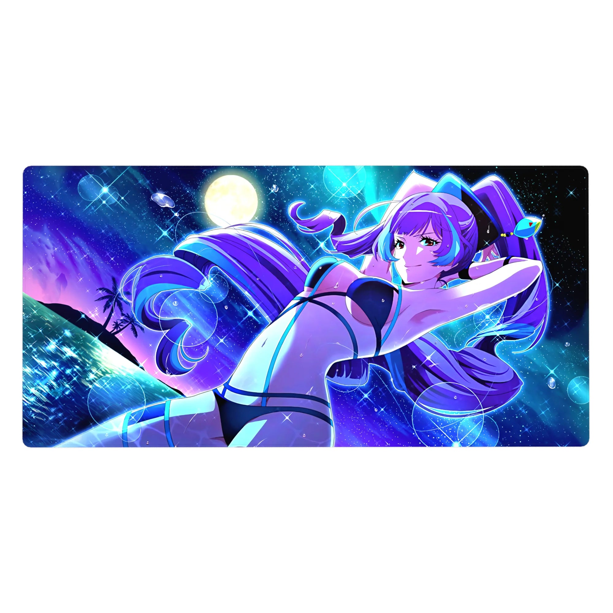 Neon anime girl desk pad 40x20 inches with cosmic beach, moon glow, planets, and starbursts.