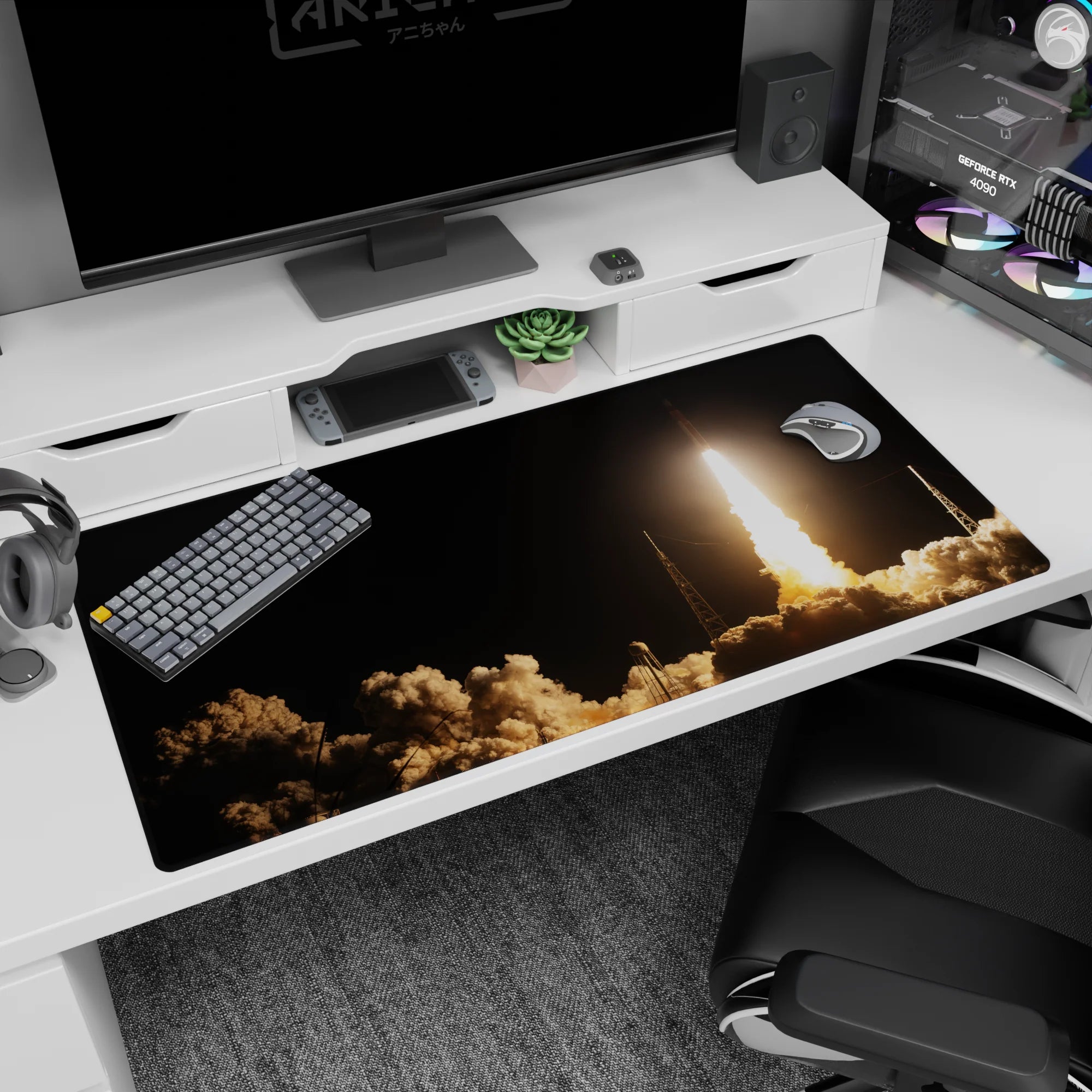 Desk pad 40x20 inches featuring a bold midnight sky design with golden rocket light over dark clouds.