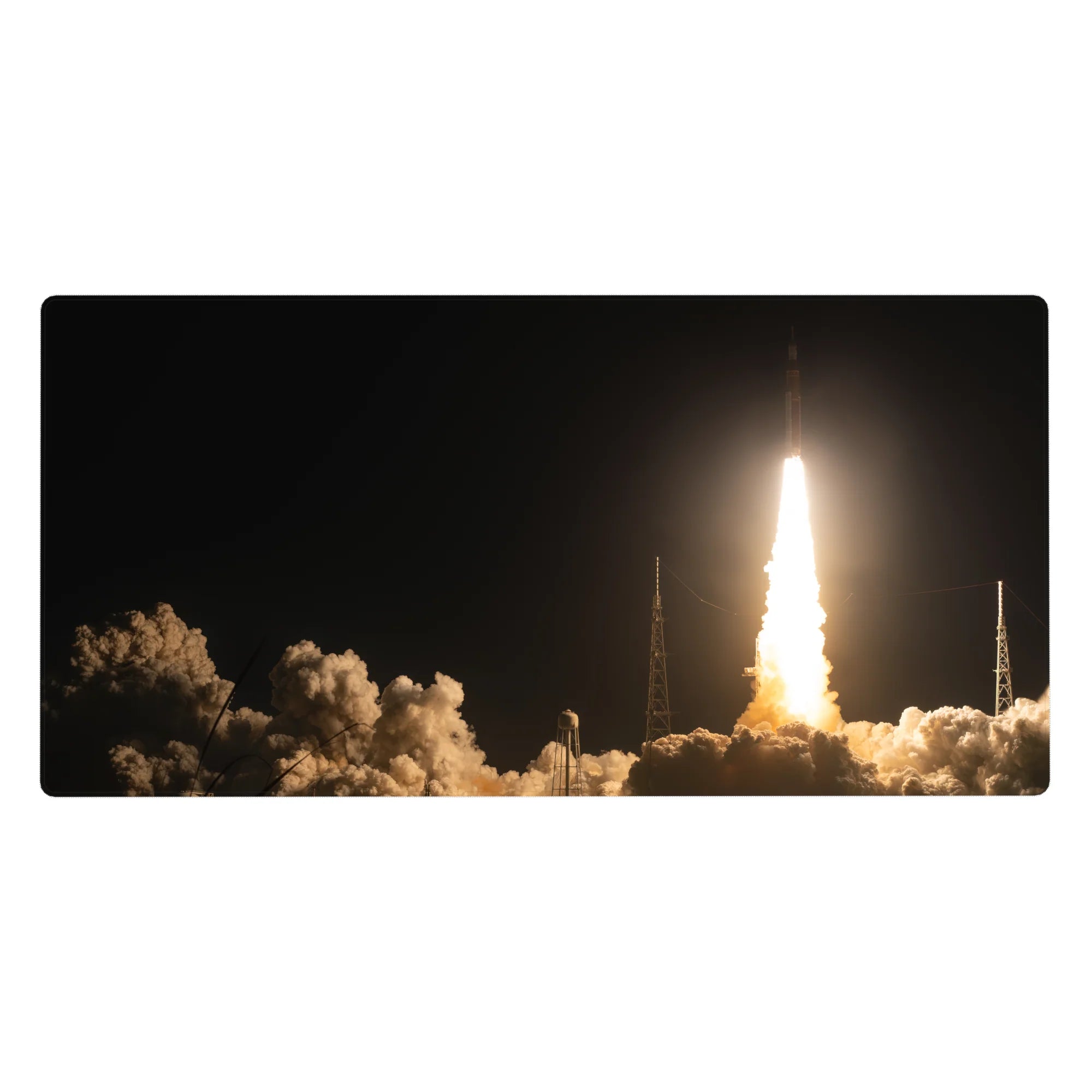 Desk pad 40x20 inches with bold midnight sky and golden rocket design, smooth surface and non-slip base.