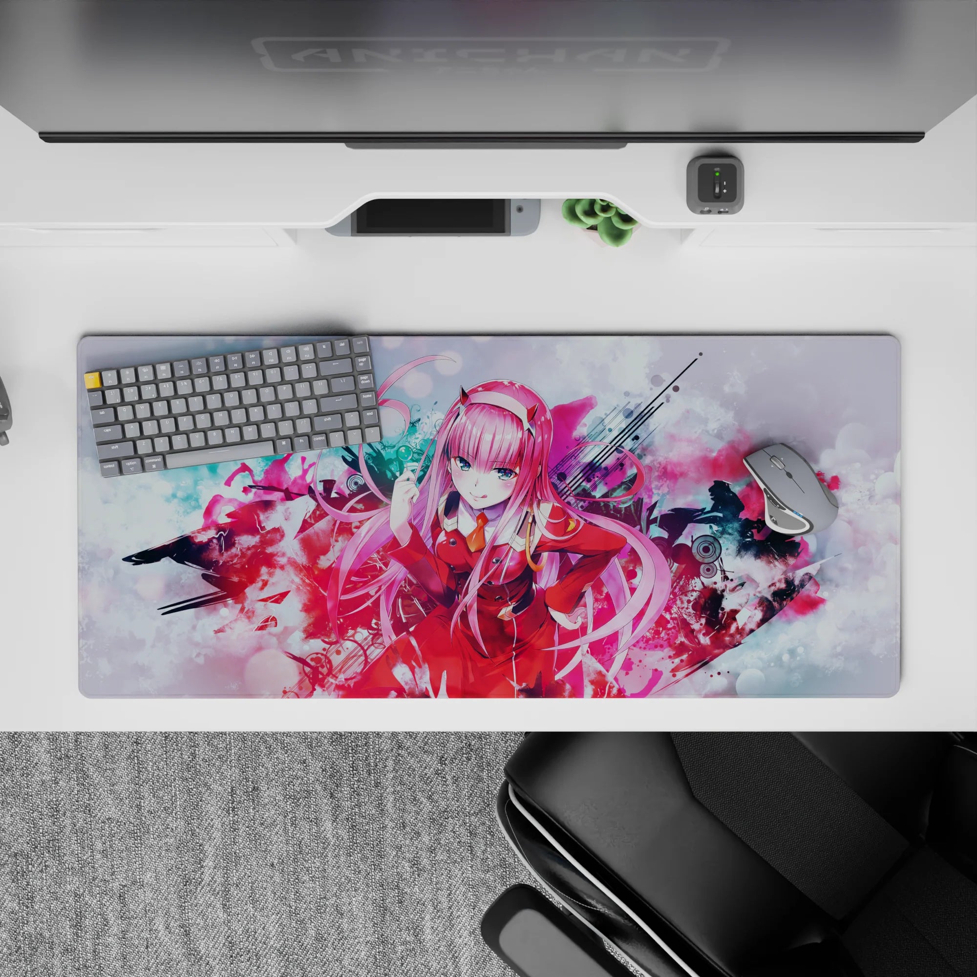 Striking 36x16 desk pad highlights Zero Two's dynamic spirit with bold strokes for fan admiration