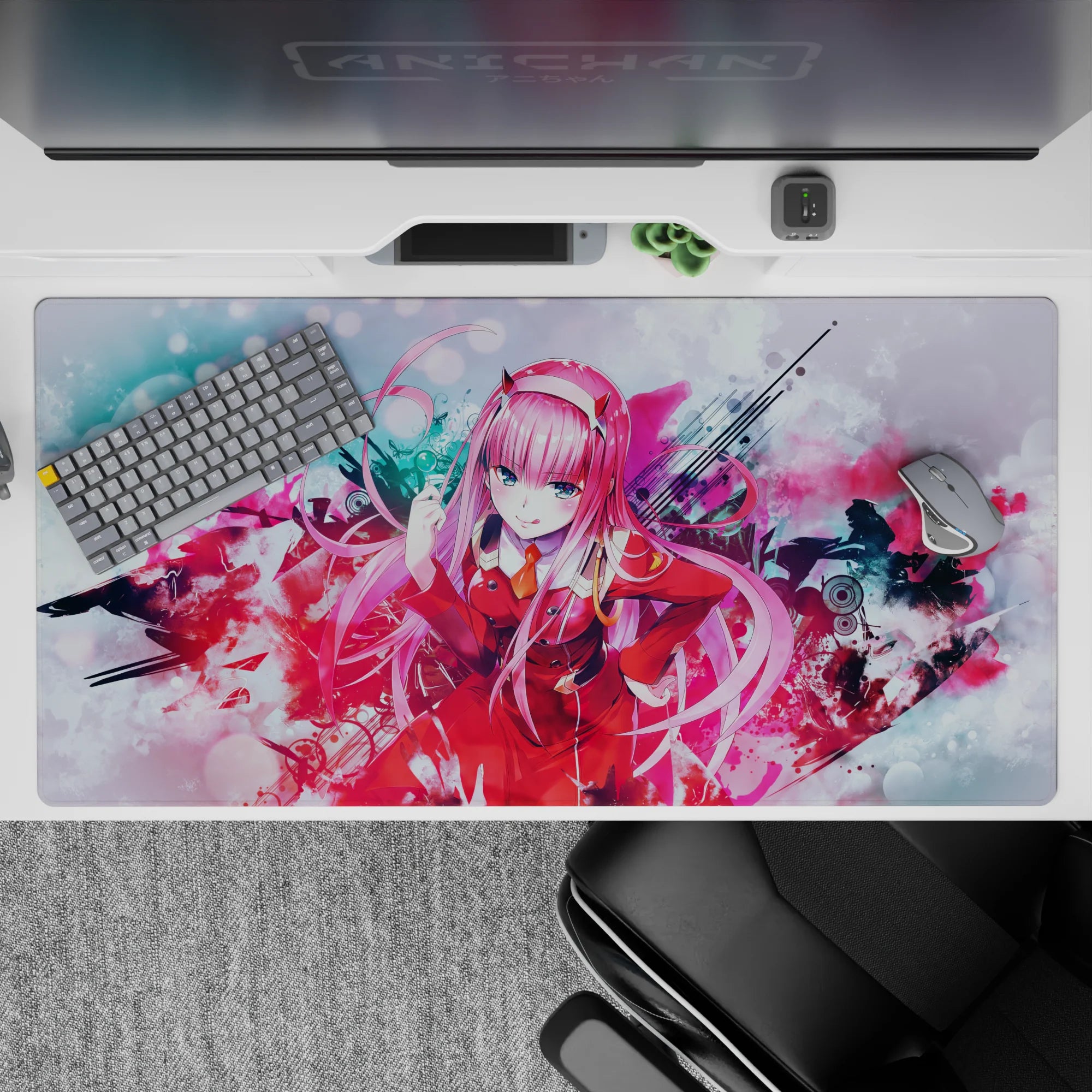 Dynamic 40x20 desk pad showcases Zero Two's energy and allure with artistic flair for fans