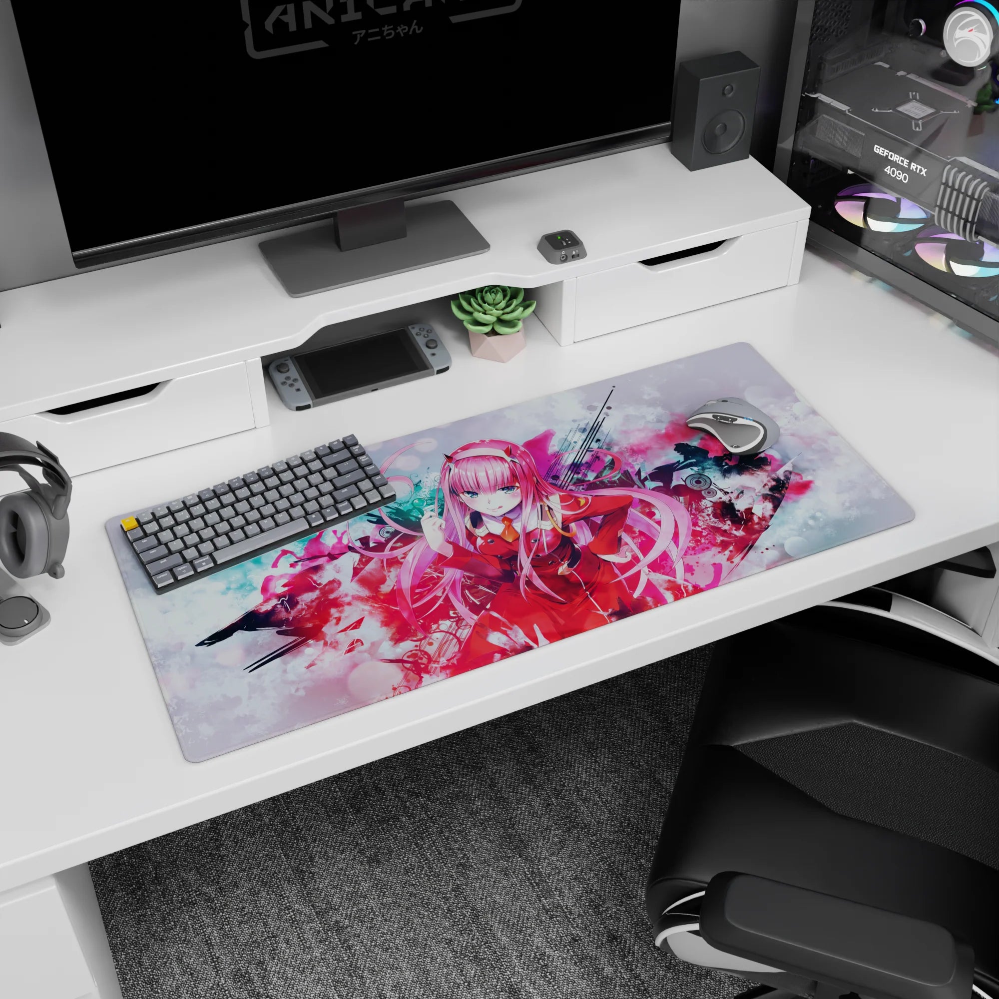 Vivid artwork on 36x16 desk mat captures Zero Two's iconic charm and vibrant personality in detail