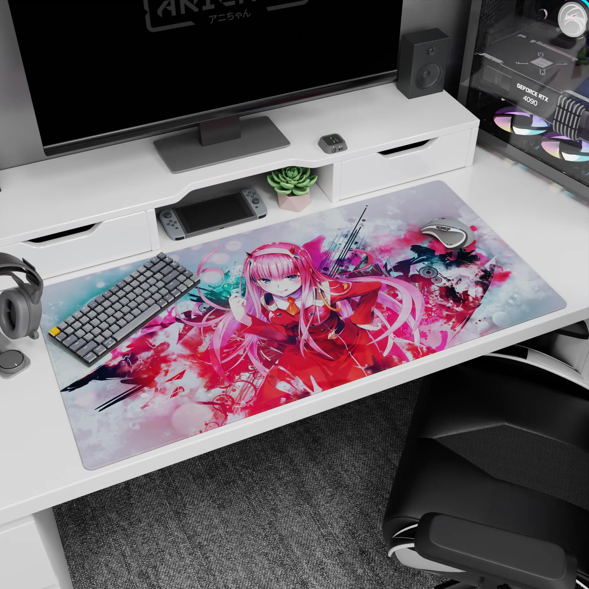 Artistic Zero Two design on 40x20 desk mat perfect for adding colorful and unique workspace energy