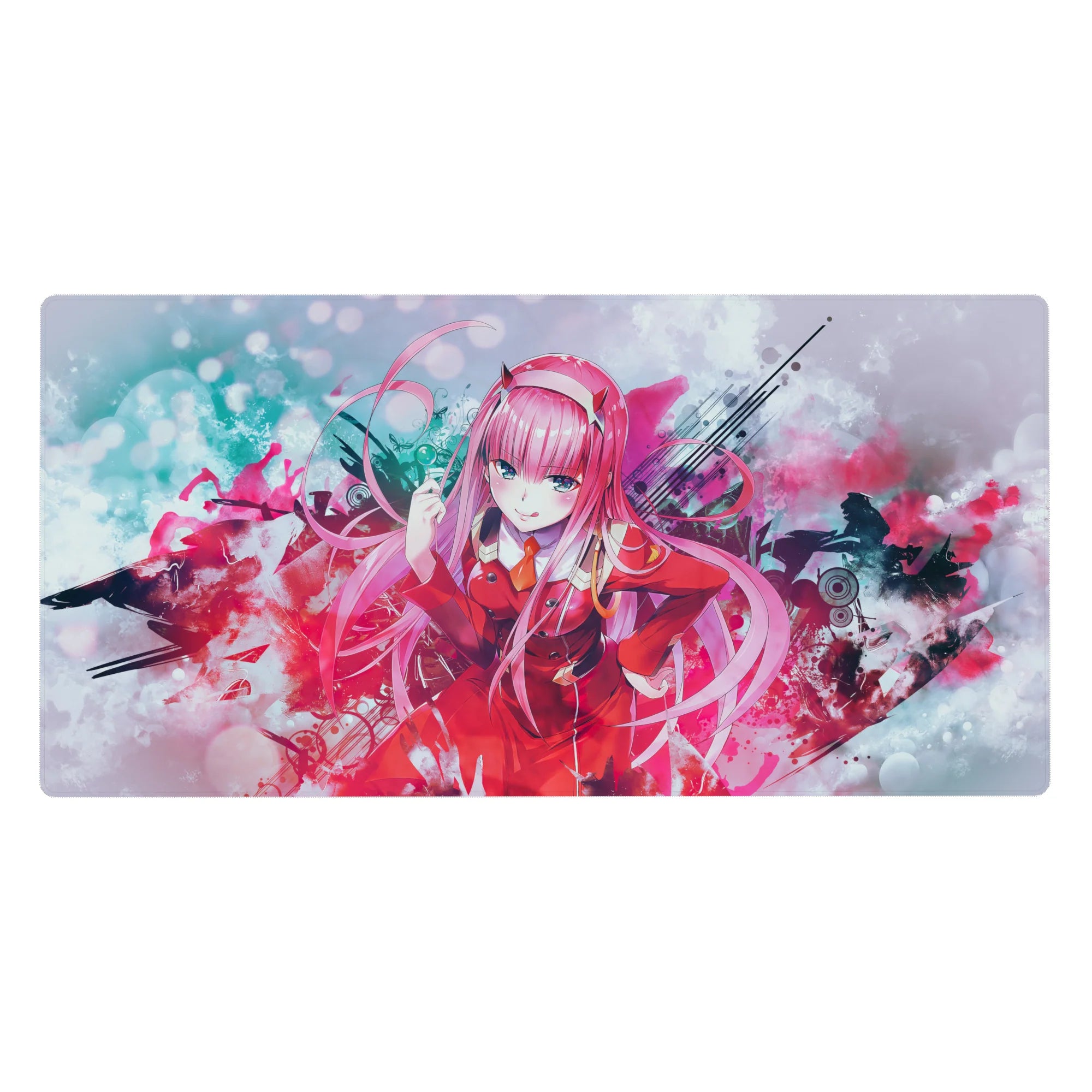 Zero Two desk mat 40x20 featuring bold pink red and teal strokes for vibrant Darling in the Franxx style