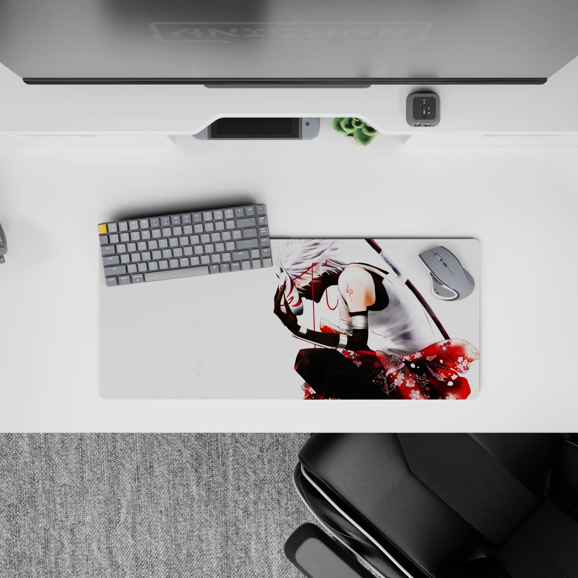 28x12 inches anime desk mat in silky blacks with vivid red accents, clean backdrop, and soft floral mood.