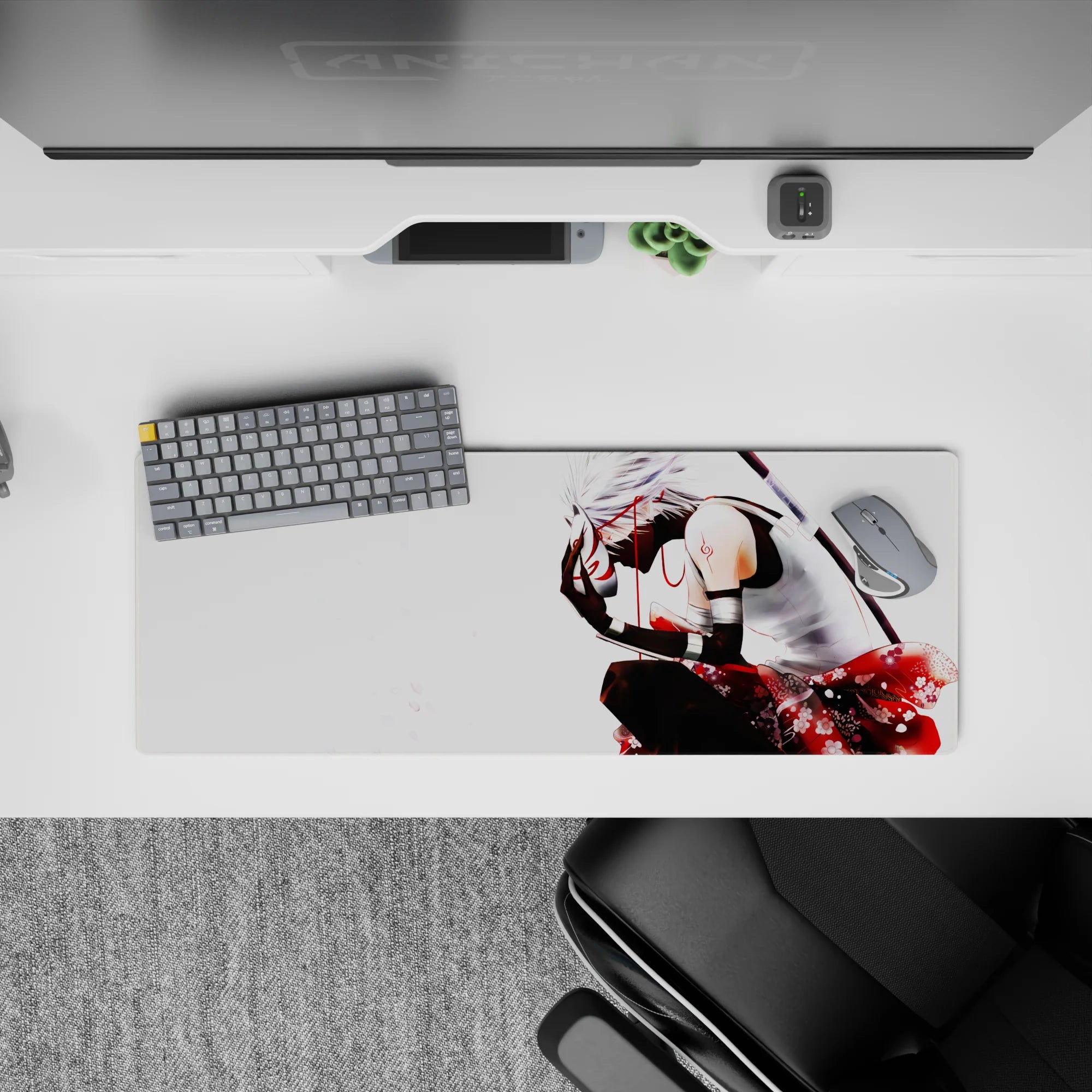 32x12 inches anime mouse pad in silky blacks and vivid reds, dramatic mood with floral accents and sharp contrast.