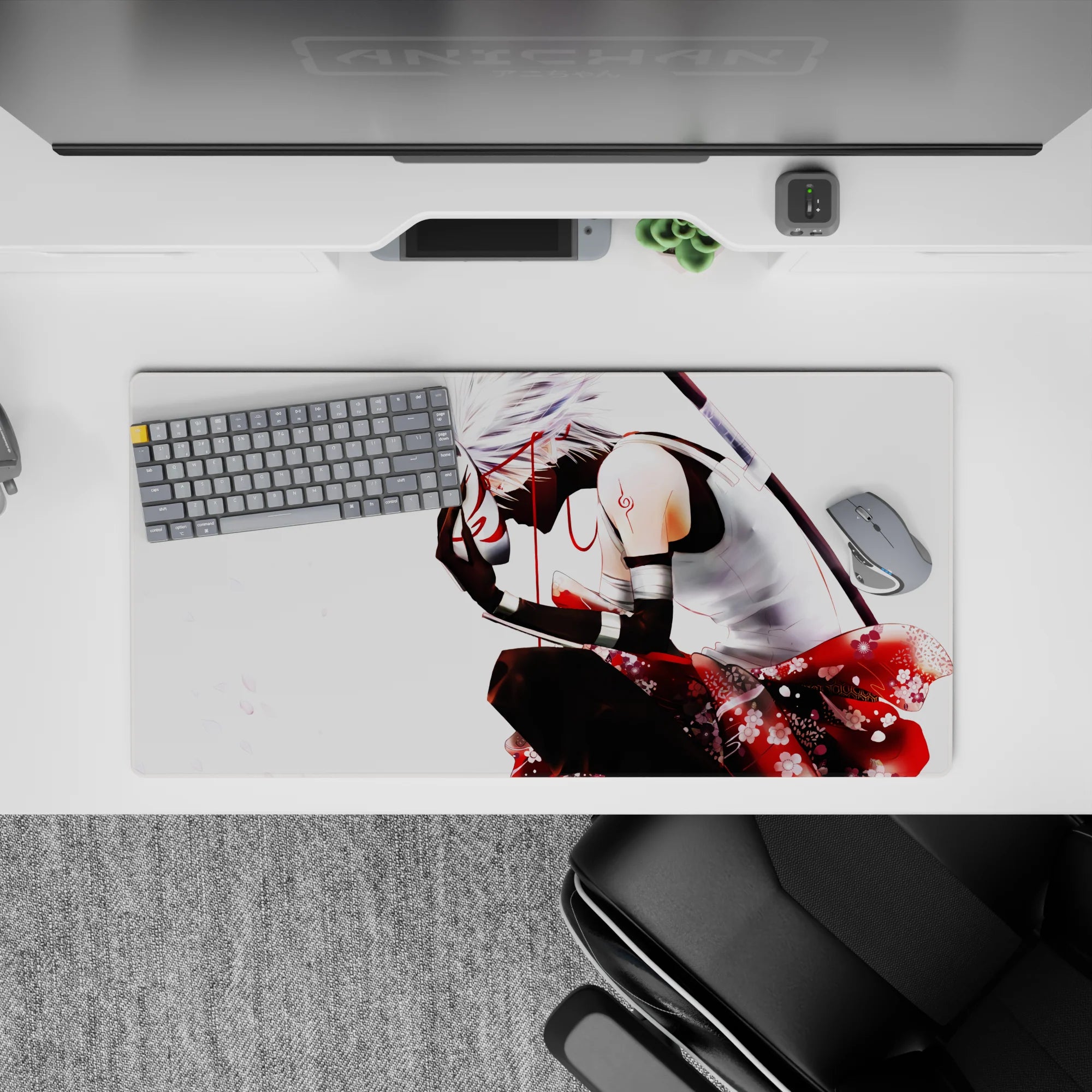 32x16 inches anime mouse pad in silky blacks and vivid reds, dramatic floral accents for a moody desk setup.