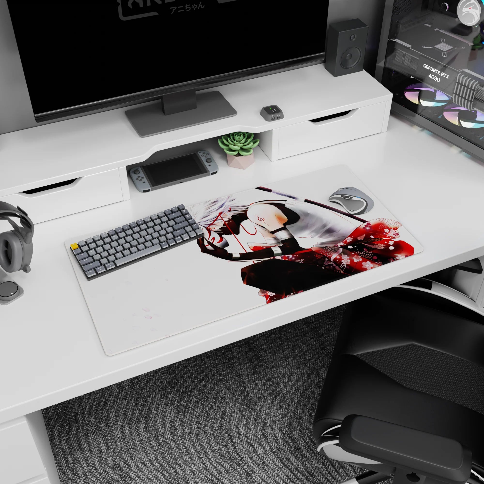 32x16 inches Naruto mouse pad showing Kakashi Hatake leaning in with half-lifted fox mask as petals float by.