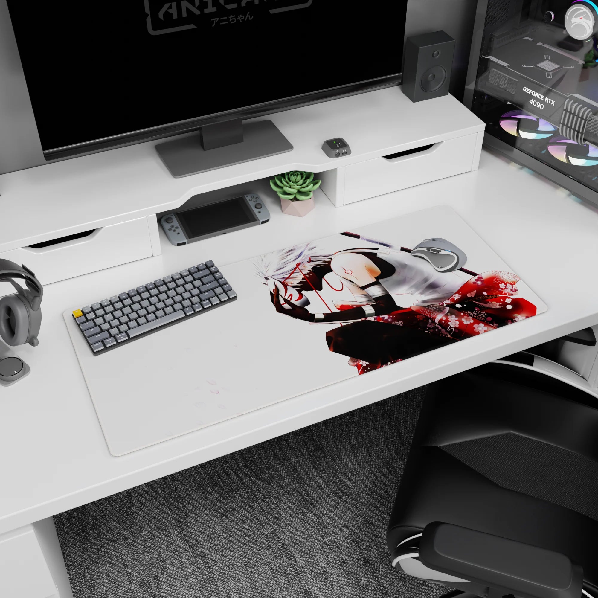 Naruto Kakashi Hatake 36x16 inches desk pad, leaning in with half-lifted fox mask amid petals.