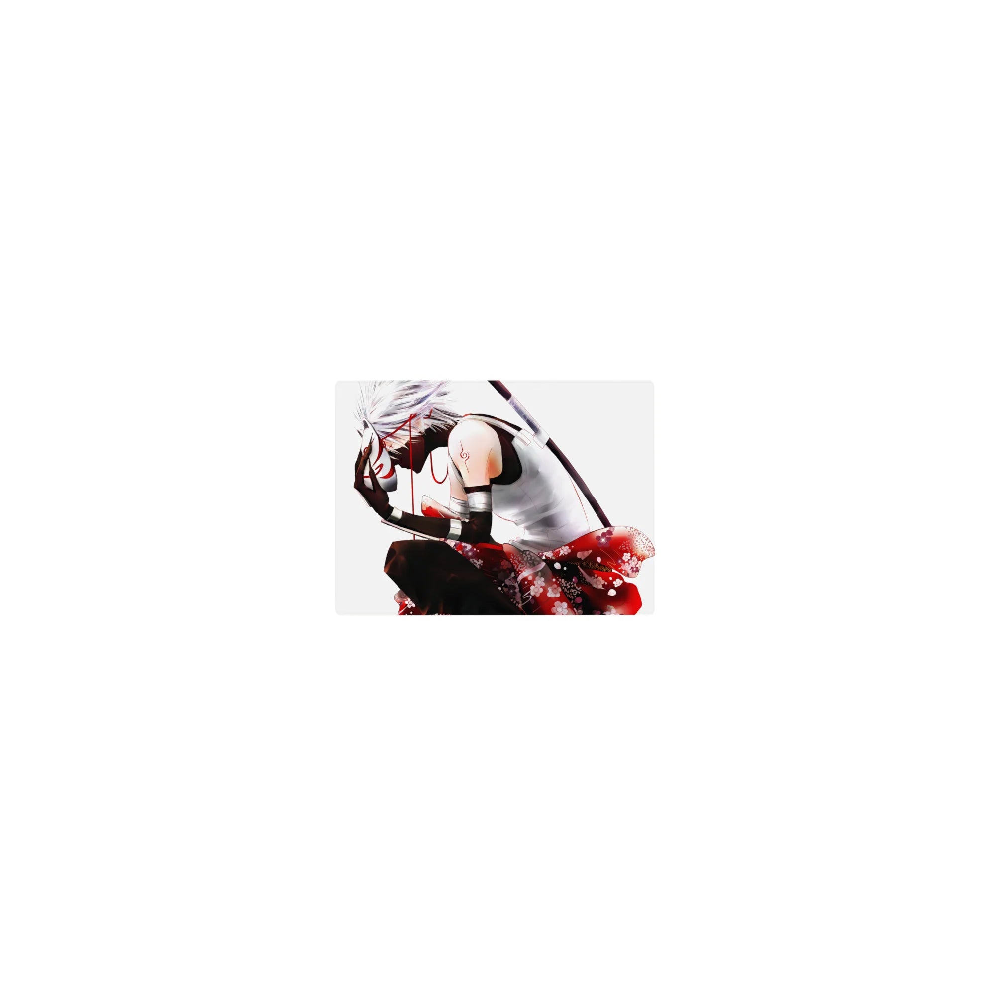 Classic anime mouse pad 14x10 inches with Kakashi, fox mask, drifting petals, and kimono pattern details.