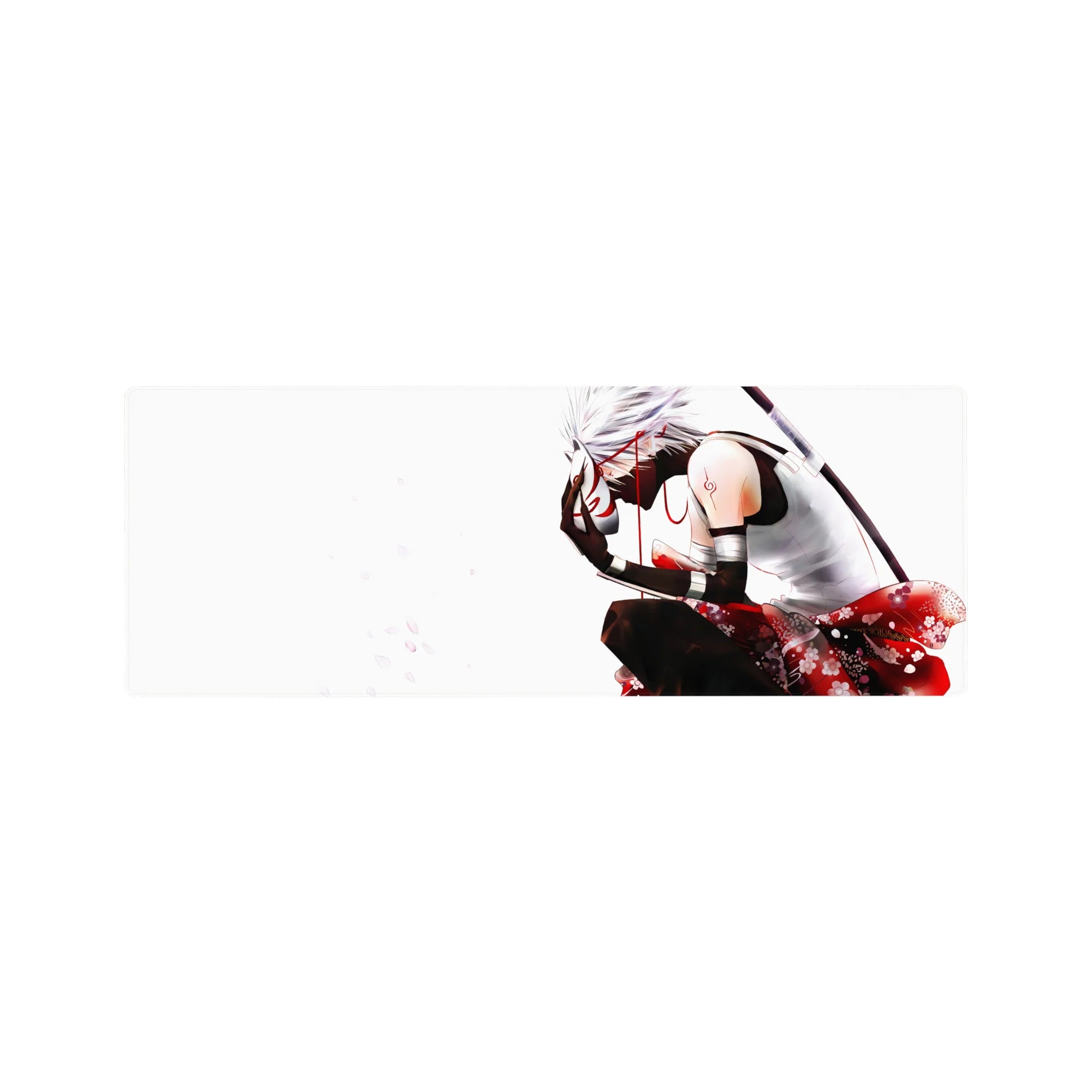32x12 inches anime mouse pad with Kakashi fox mask, kimono pattern, and drifting petals on clean background.