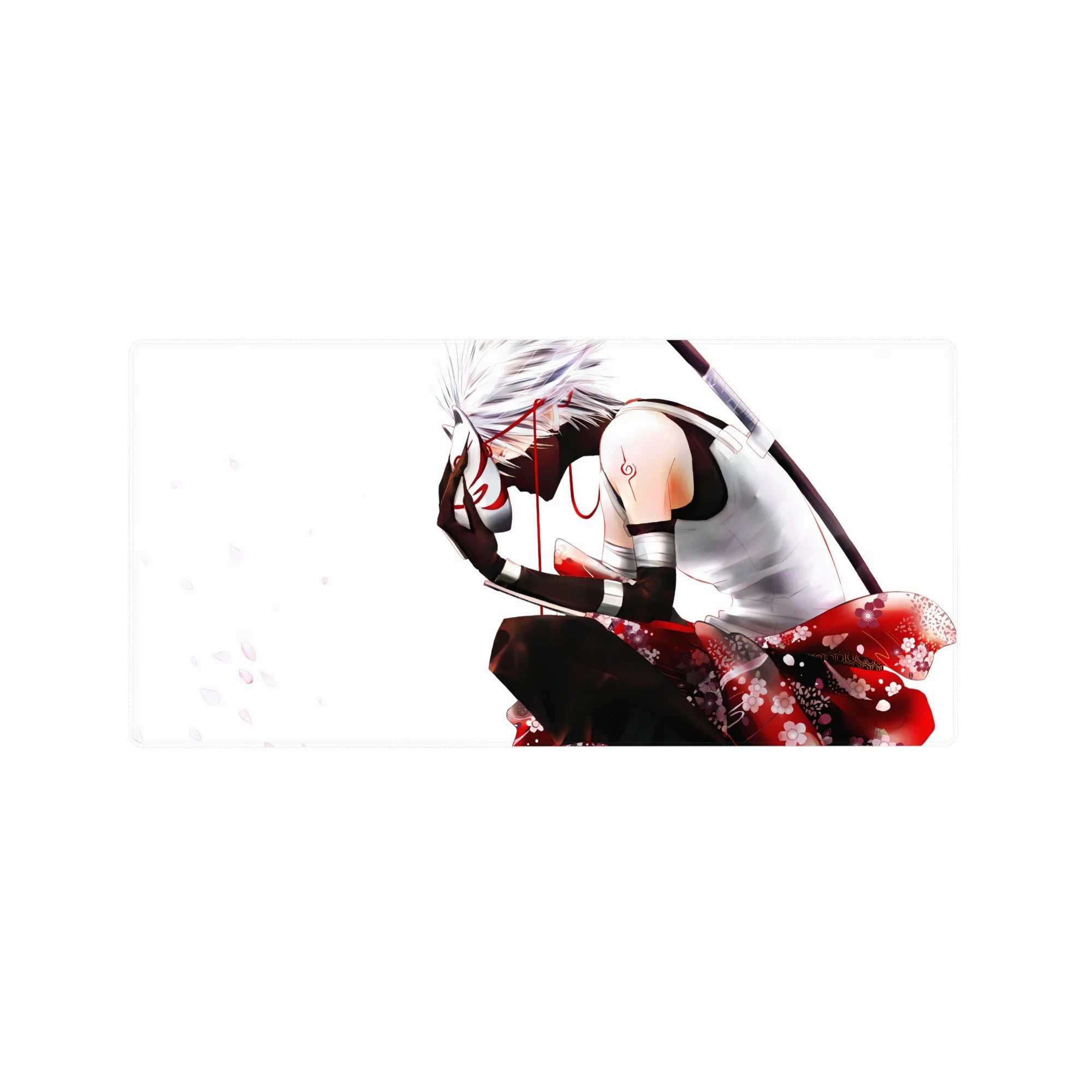 32x16 inches anime mouse pad with Kakashi and fox mask, kimono pattern and drifting petals on clean backdrop.