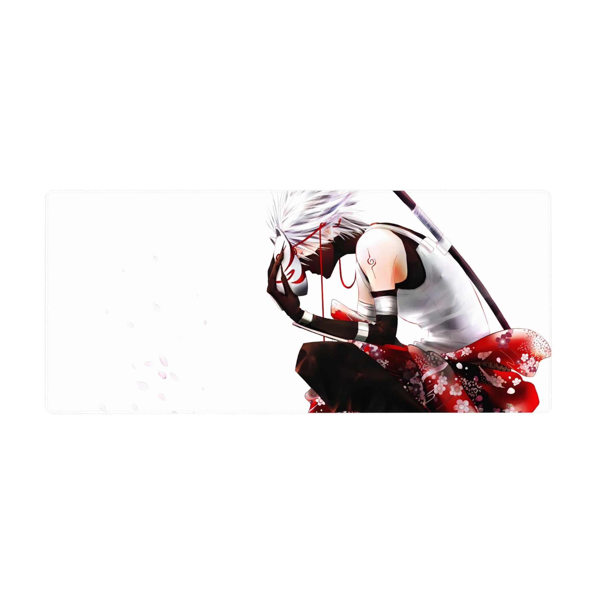 Anime desk pad 36x16 inches with drifting petals, fox mask, red cord, and kimono pattern backdrop.