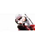 Anime desk pad 36x16 inches with drifting petals, fox mask, red cord, and kimono pattern backdrop.