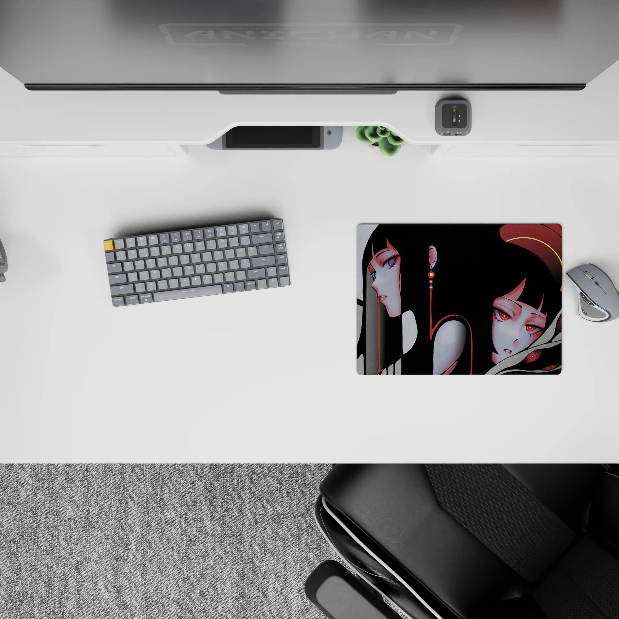 Moody anime girl mouse pad 14x10 inches in smoky grays, beige ribbons, deep crimson, violet and red eyes.