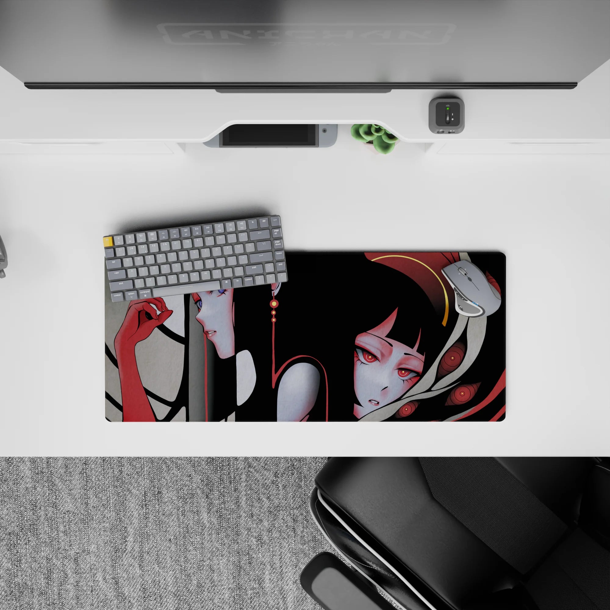 Dark aesthetic anime girl mouse pad 28x12 inches in smoky gray, beige ribbons, deep crimson, dreamy mood.