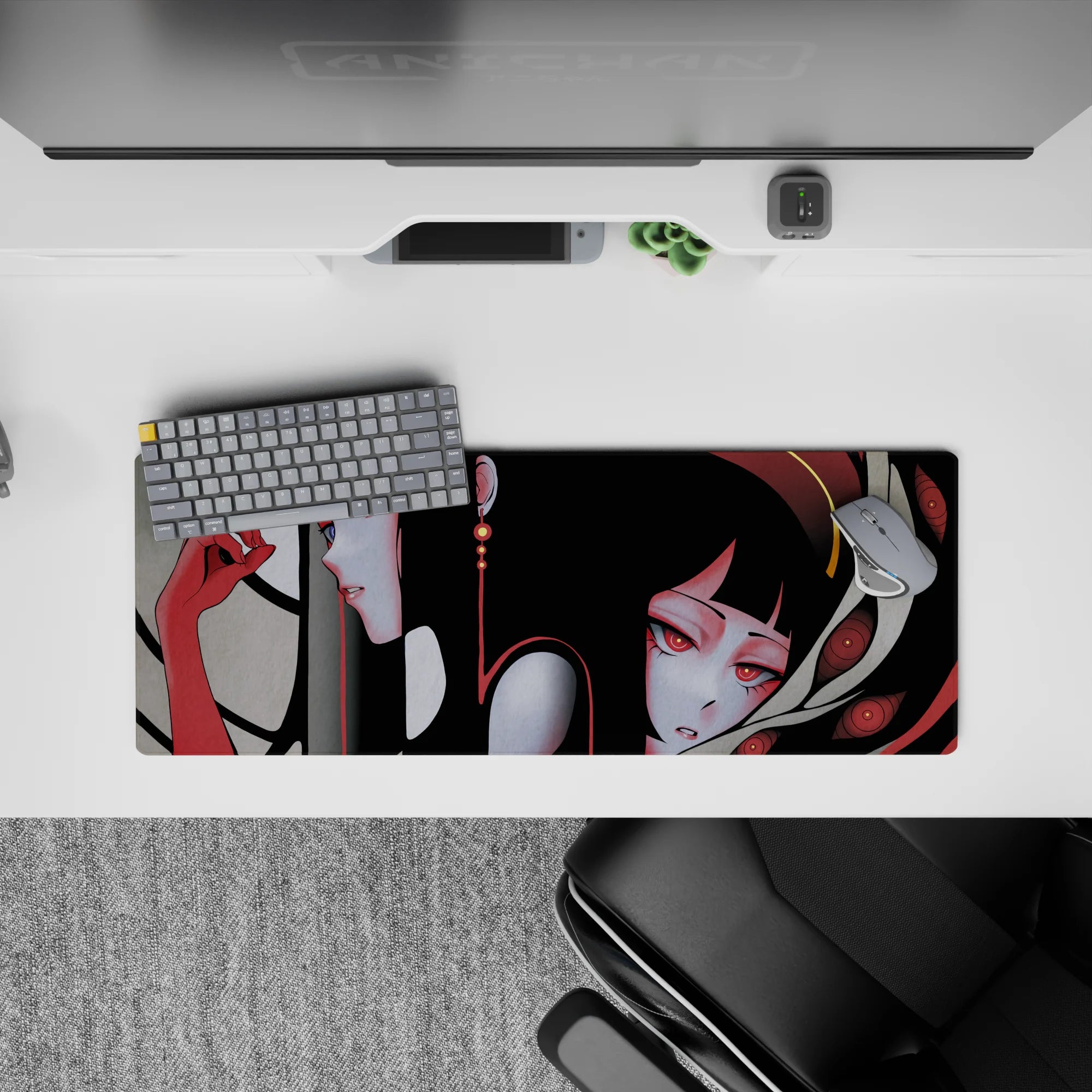 32x12 inches dark aesthetic anime desk mat in smoky grays, beige ribbons, deep crimson, dreamy vibe.