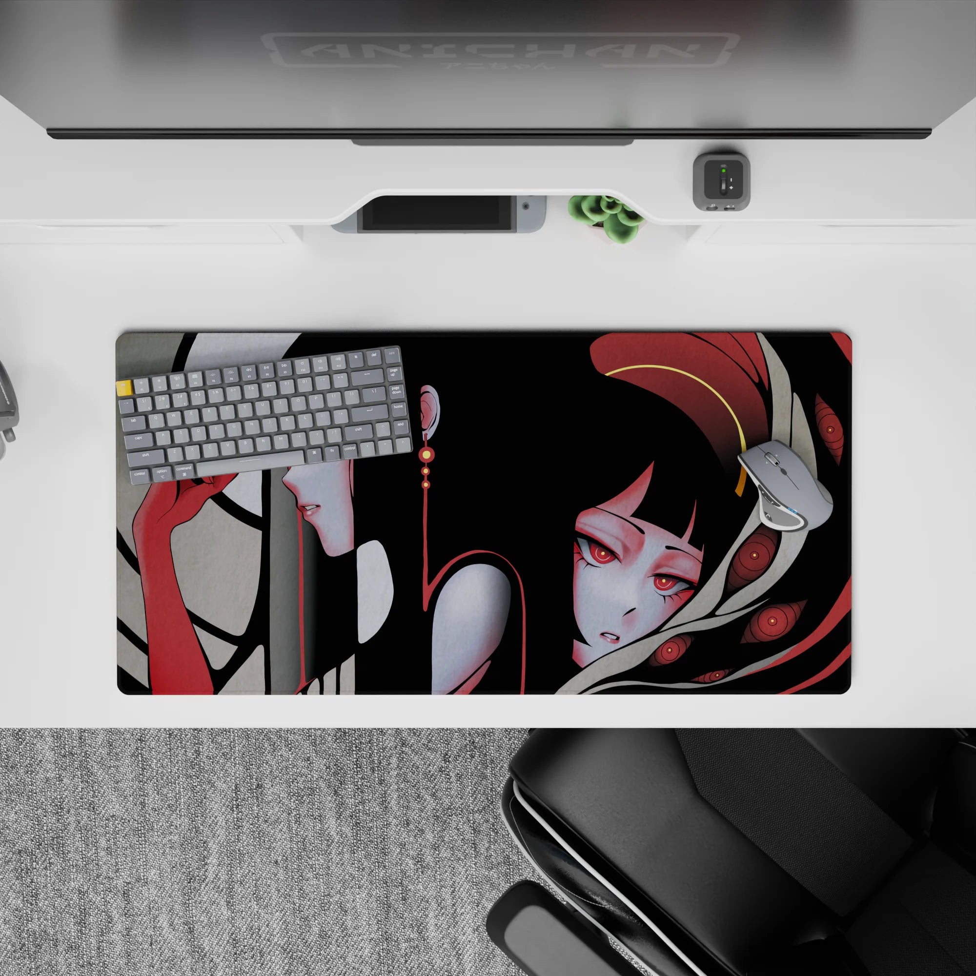 Dark aesthetic anime girl mouse pad 32x16 inches in smoky grays, deep crimson, violet and red eyes.