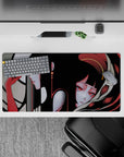 Dark aesthetic anime girl mouse pad 32x16 inches in smoky grays, deep crimson, violet and red eyes.