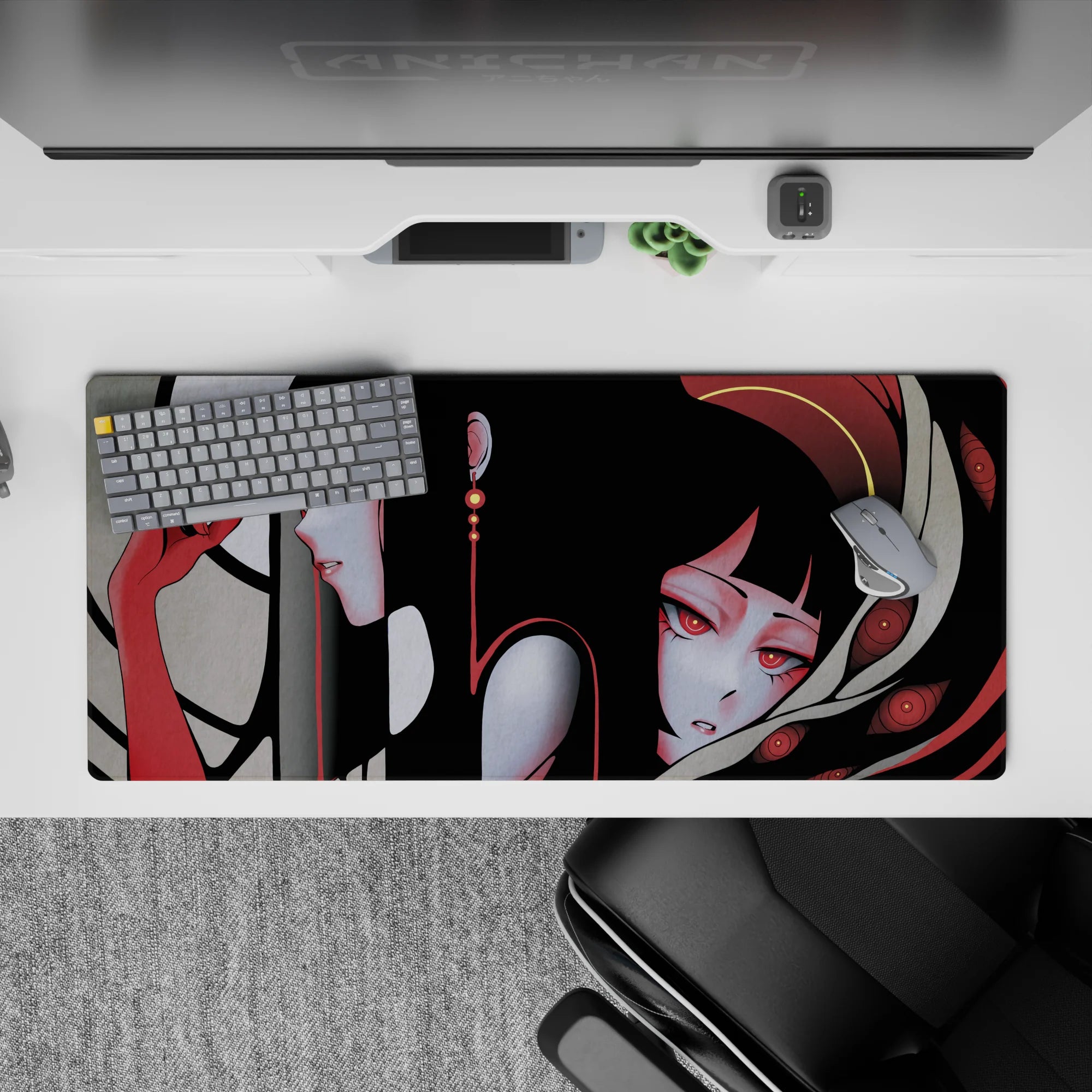 36x16 inches anime desk pad in smoky grays with deep crimson accents, violet and red eyes, dreamy mood.