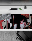 36x16 inches anime desk pad in smoky grays with deep crimson accents, violet and red eyes, dreamy mood.