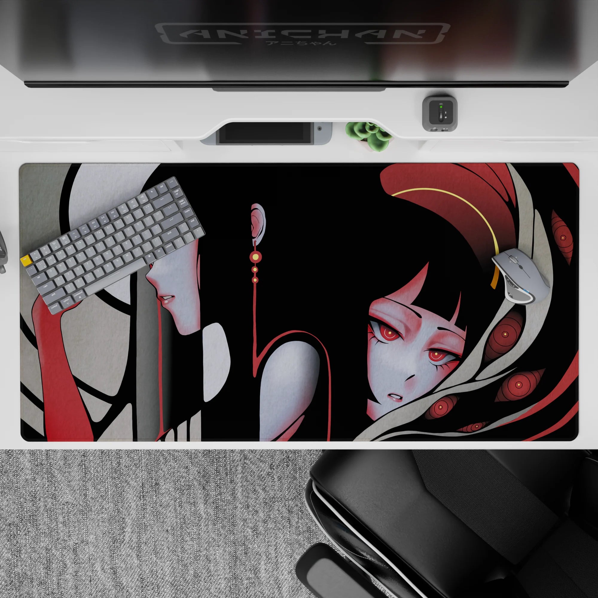 40x20 inches dark aesthetic anime desk pad in smoky grays, deep crimson, and soft beige, dreamy mood.