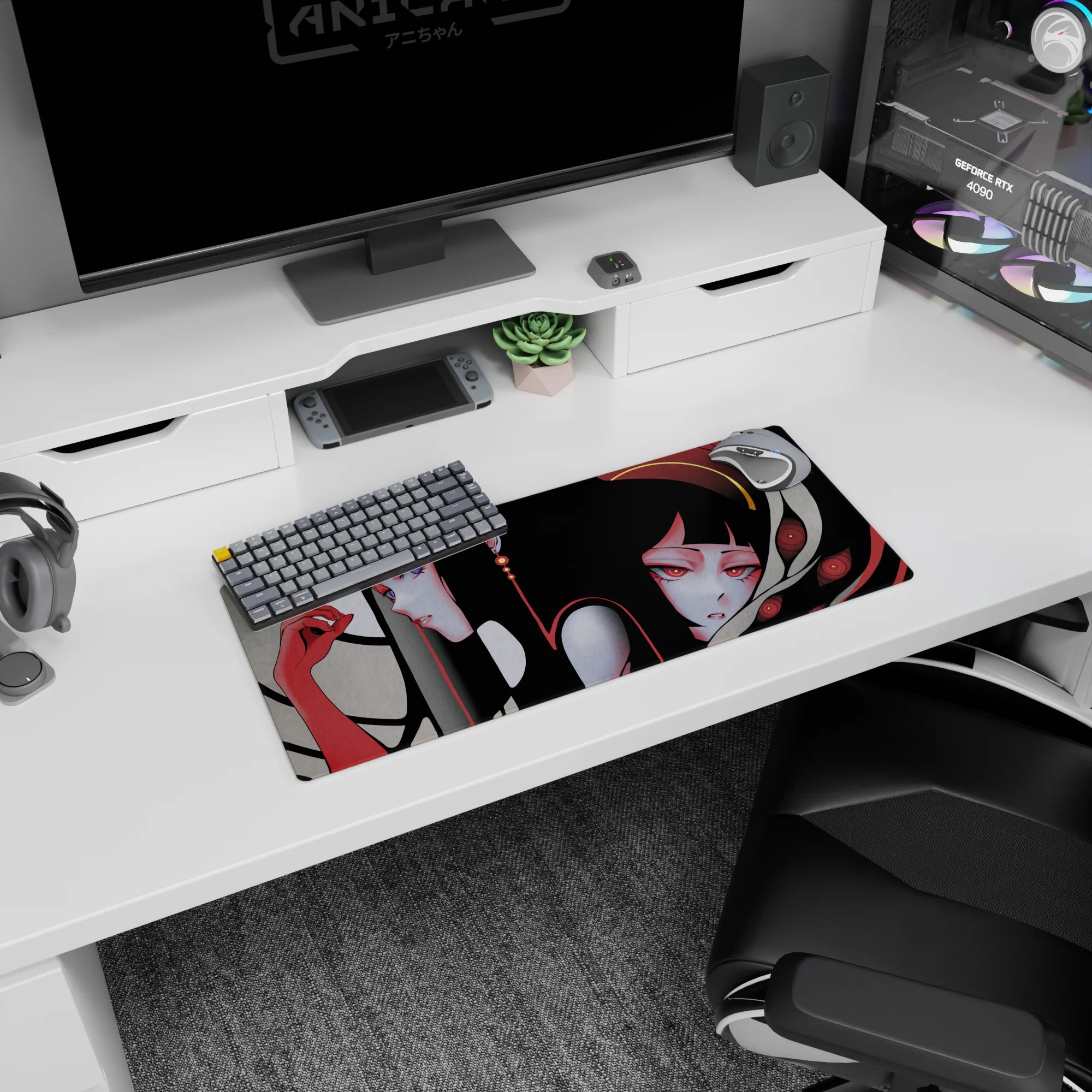 28x12 inches anime desk mouse pad with two pale anime girls drifting together, one violet-eyed, one red-eyed.