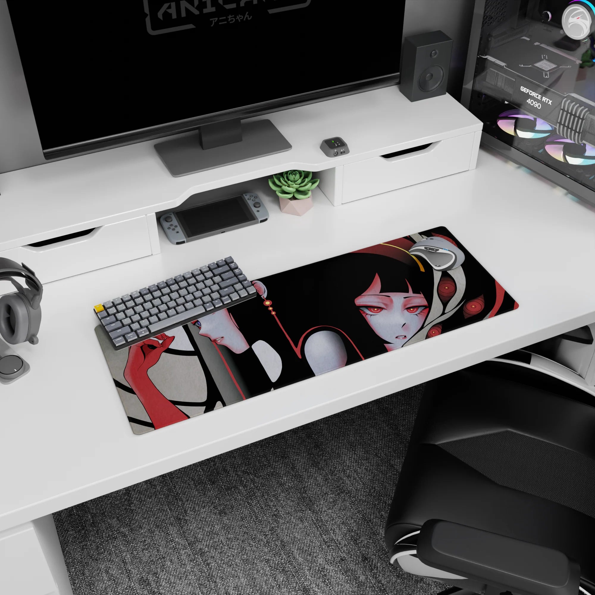 32x12 inches anime mouse pad showing twin girls drifting together, one violet-eyed calm, one red-eyed.