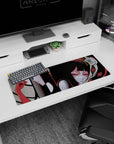 32x12 inches anime mouse pad showing twin girls drifting together, one violet-eyed calm, one red-eyed.