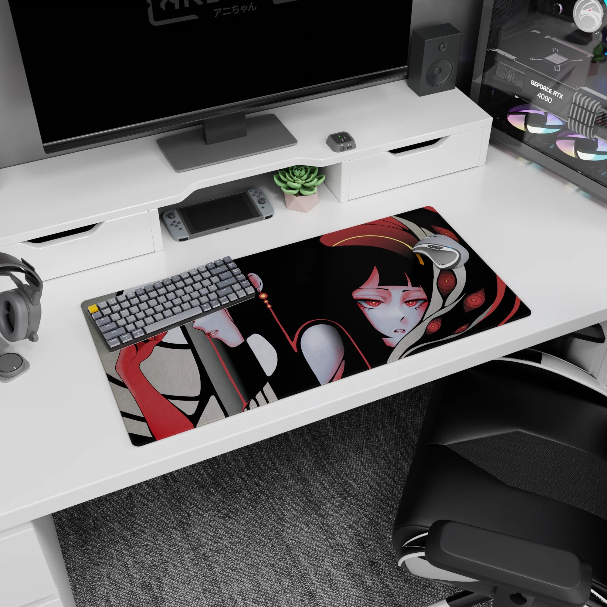 Two anime girls drifting together mouse pad 32x16 inches, jet-black hair, pale skin, calm and hypnotic gaze.