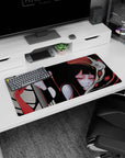 Two anime girls drifting together mouse pad 32x16 inches, jet-black hair, pale skin, calm and hypnotic gaze.