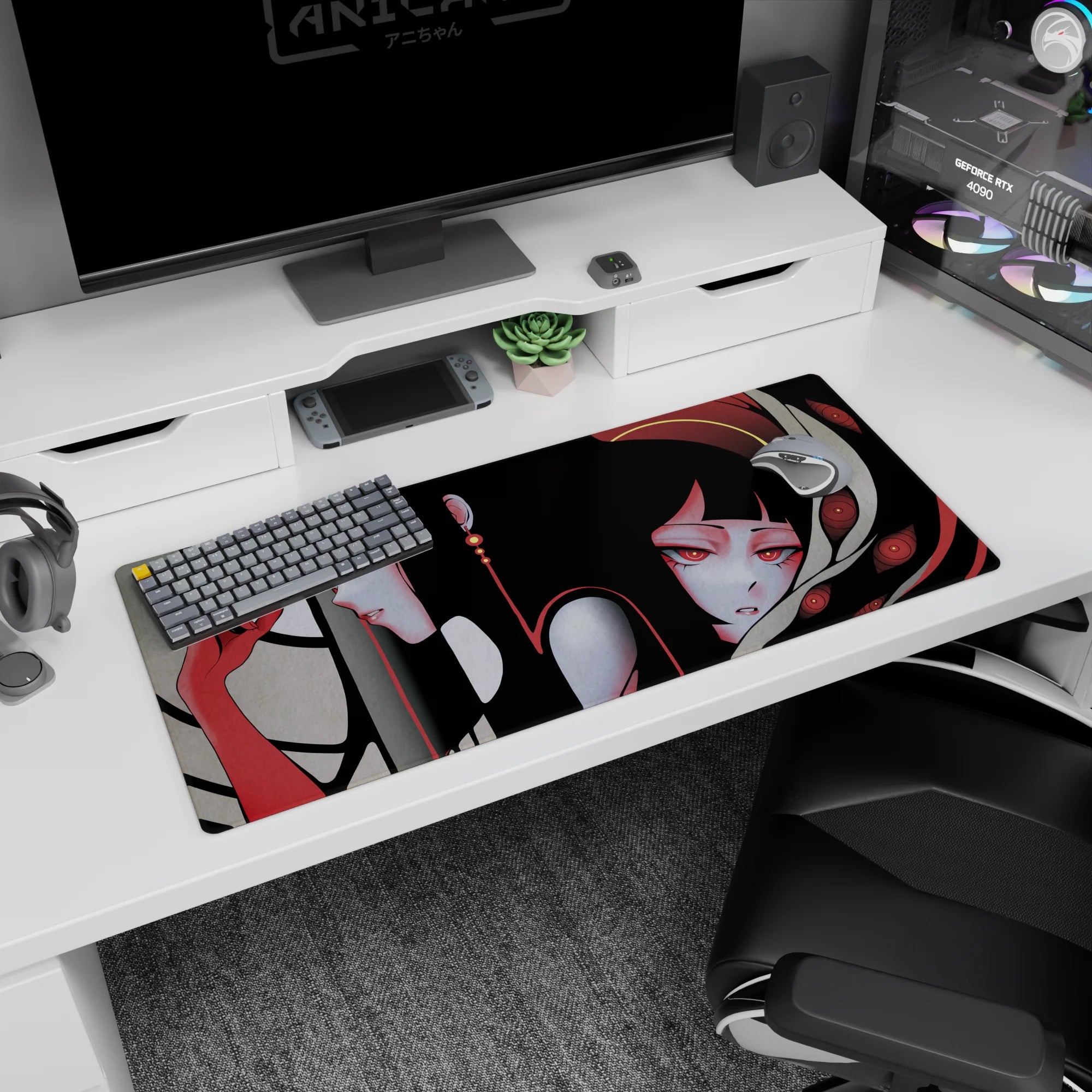 36x16 inches desk pad featuring twin black-haired anime girls drifting together, one violet-eyed, one red-eyed.