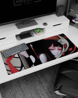 36x16 inches desk pad featuring twin black-haired anime girls drifting together, one violet-eyed, one red-eyed.